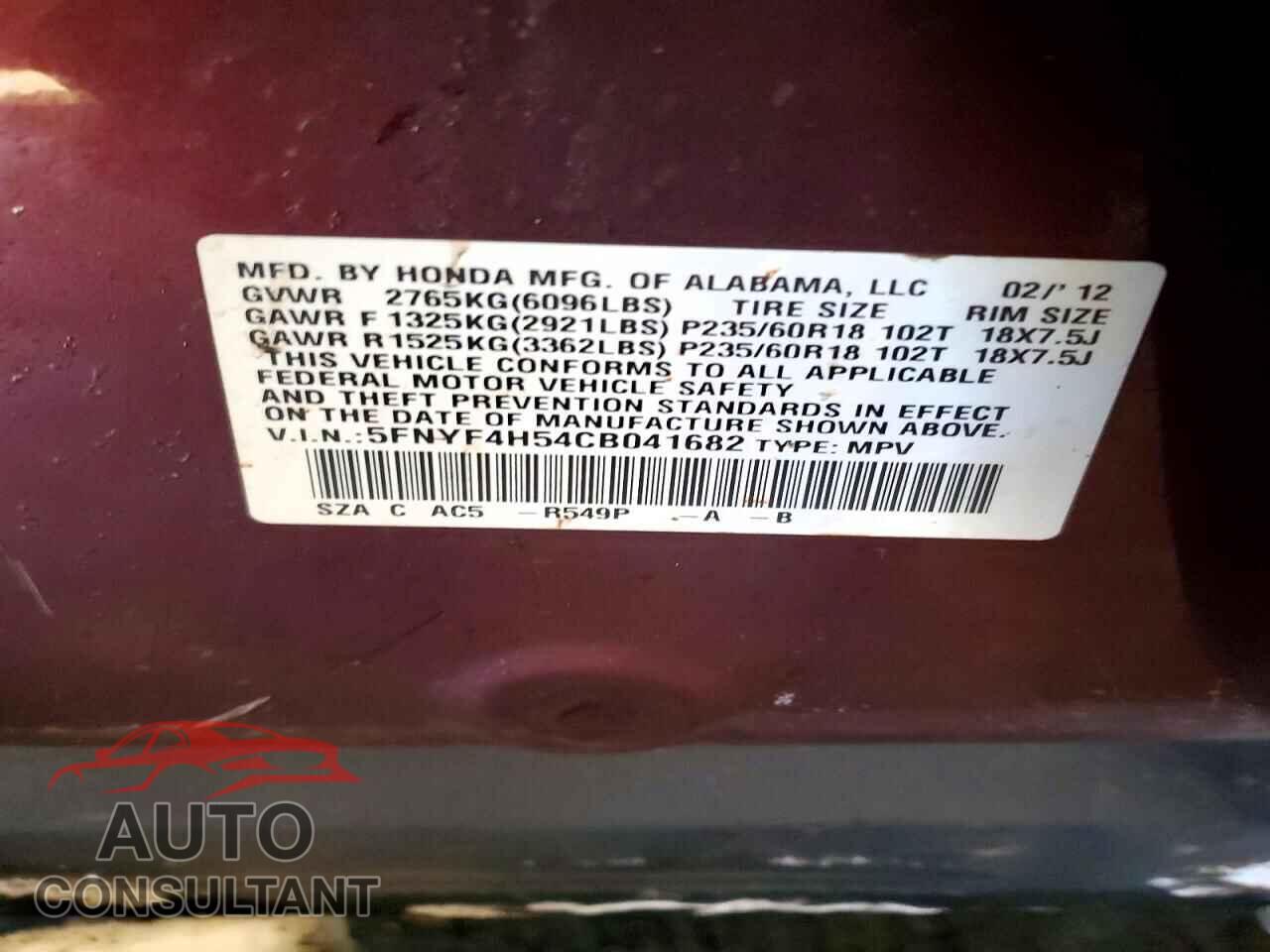 HONDA PILOT 2012 - 5FNYF4H54CB041682