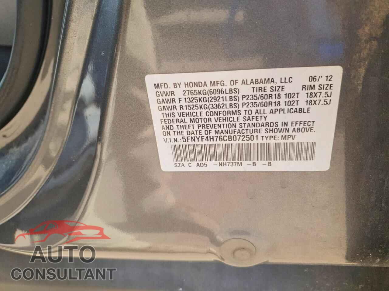 HONDA PILOT 2012 - 5FNYF4H76CB072501