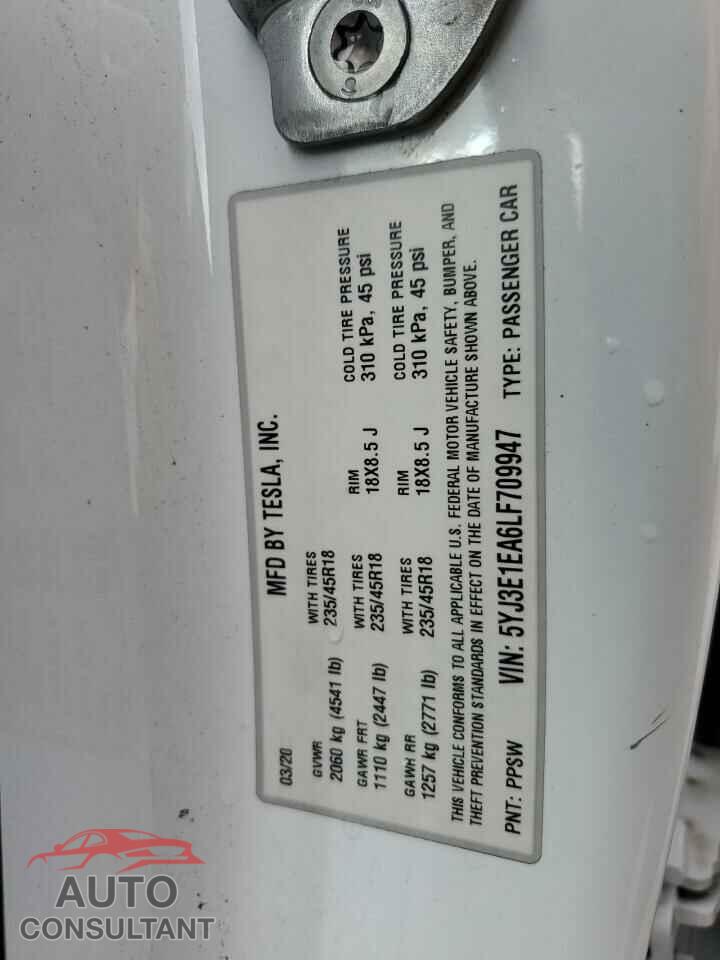 TESLA MODEL 3 2020 - 5YJ3E1EA6LF709947