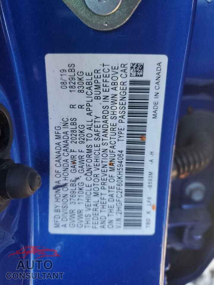 HONDA CIVIC 2019 - 2HGFC2F60KH594064