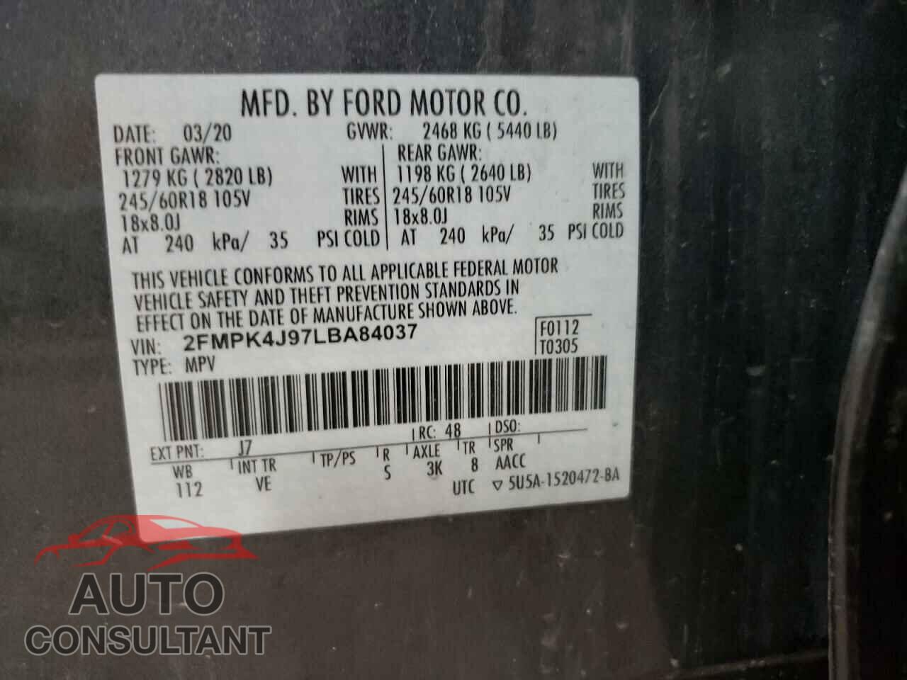 FORD EDGE 2020 - 2FMPK4J97LBA84037
