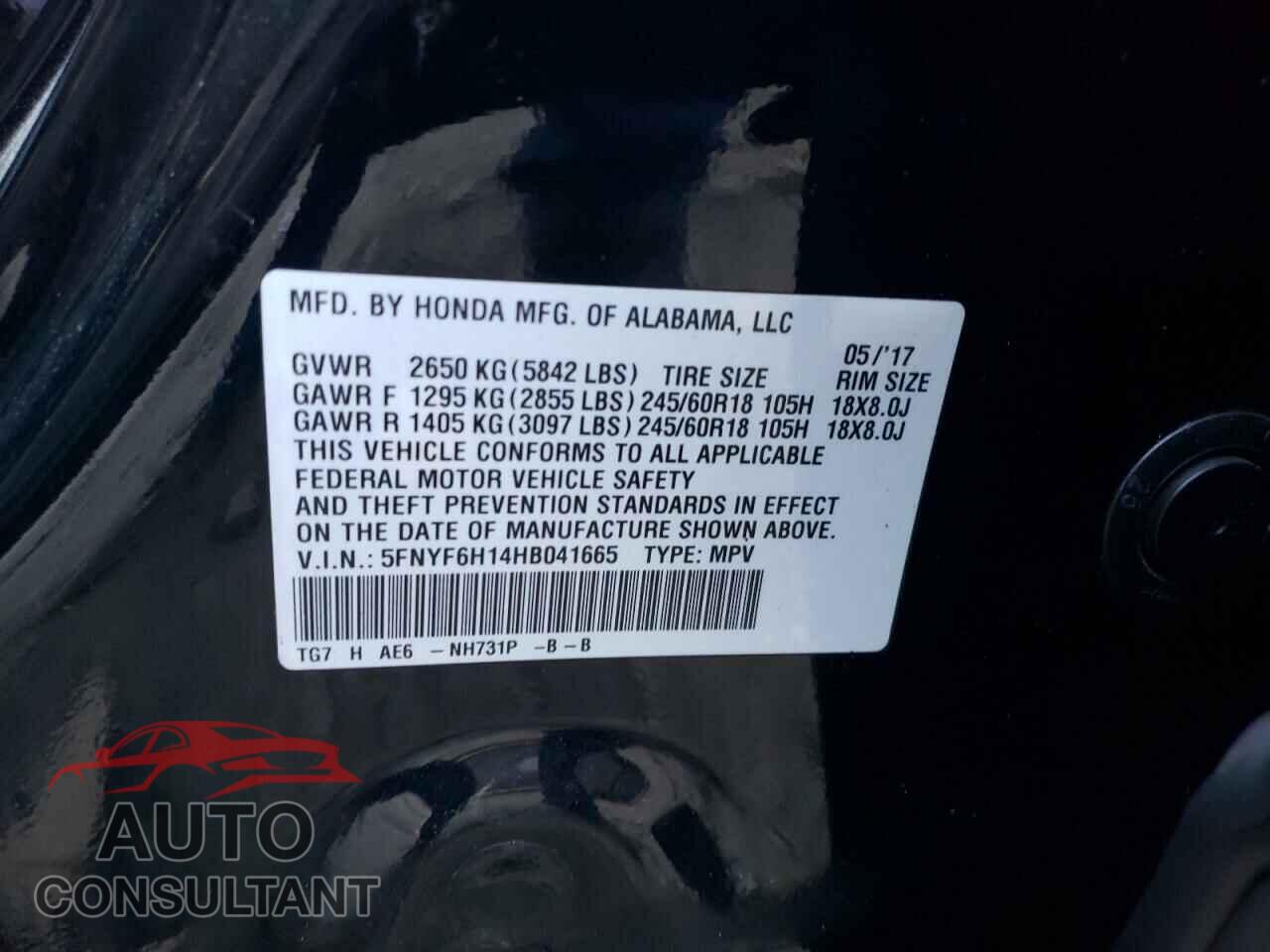 HONDA PILOT 2017 - 5FNYF6H14HB041665