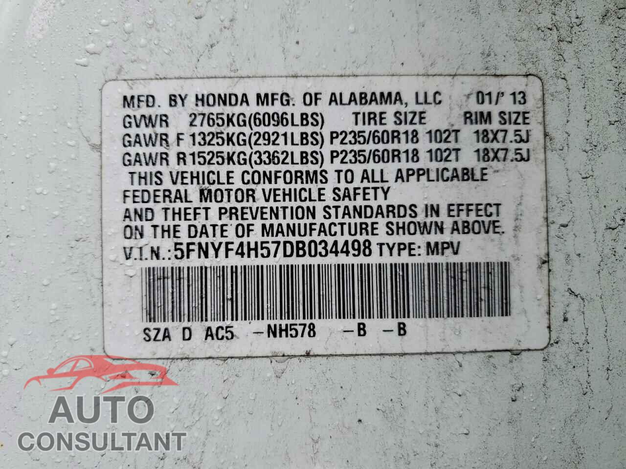 HONDA PILOT 2013 - 5FNYF4H57DB034498