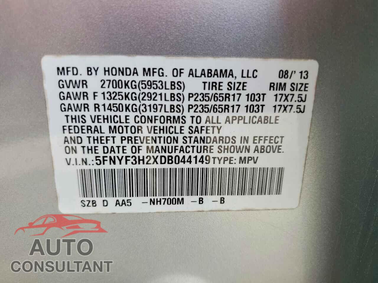 HONDA PILOT 2013 - 5FNYF3H2XDB044149