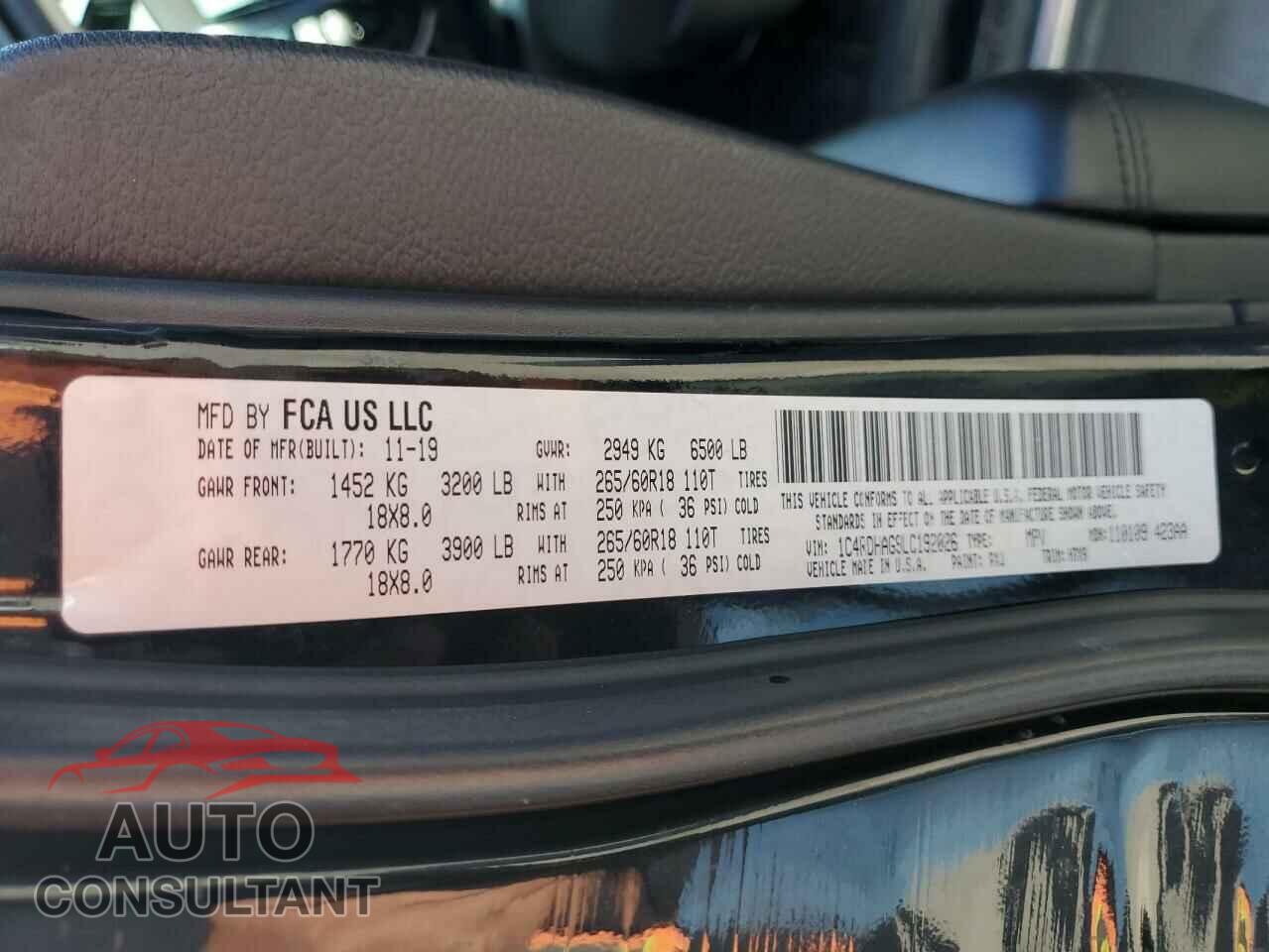 DODGE DURANGO 2020 - 1C4RDHAG9LC192026