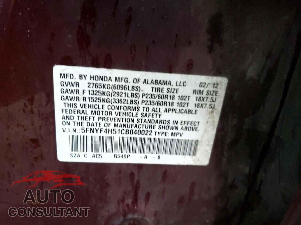 HONDA PILOT 2012 - 5FNYF4H51CB040022