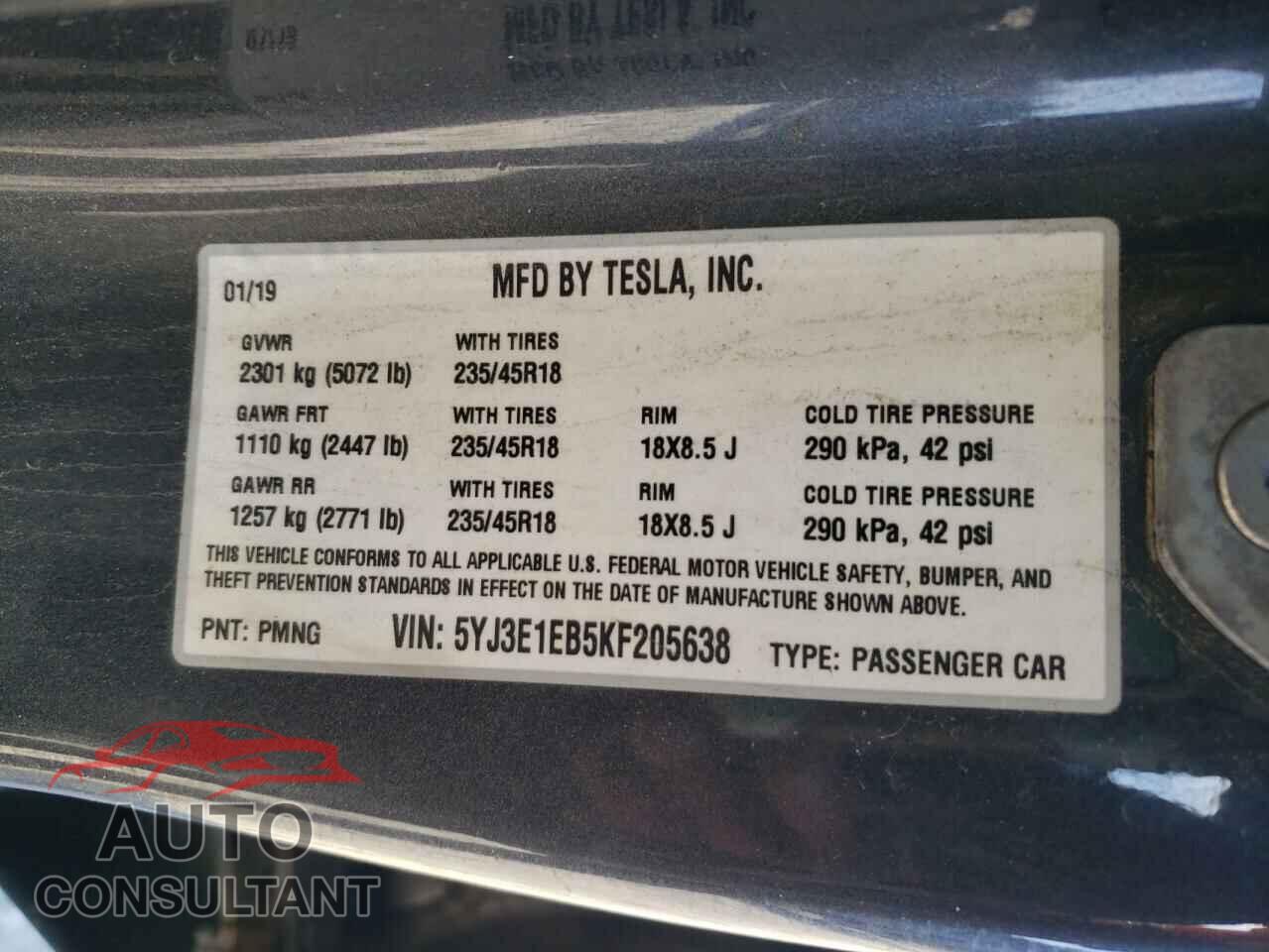 TESLA MODEL 3 2019 - 5YJ3E1EB5KF205638