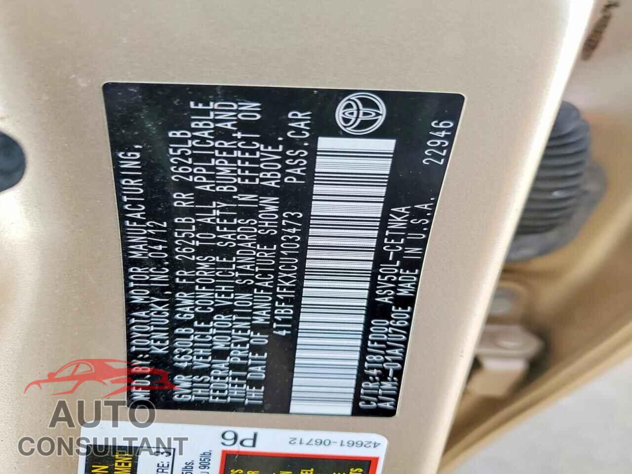 TOYOTA CAMRY 2012 - 4T1BF1FKXCU103473