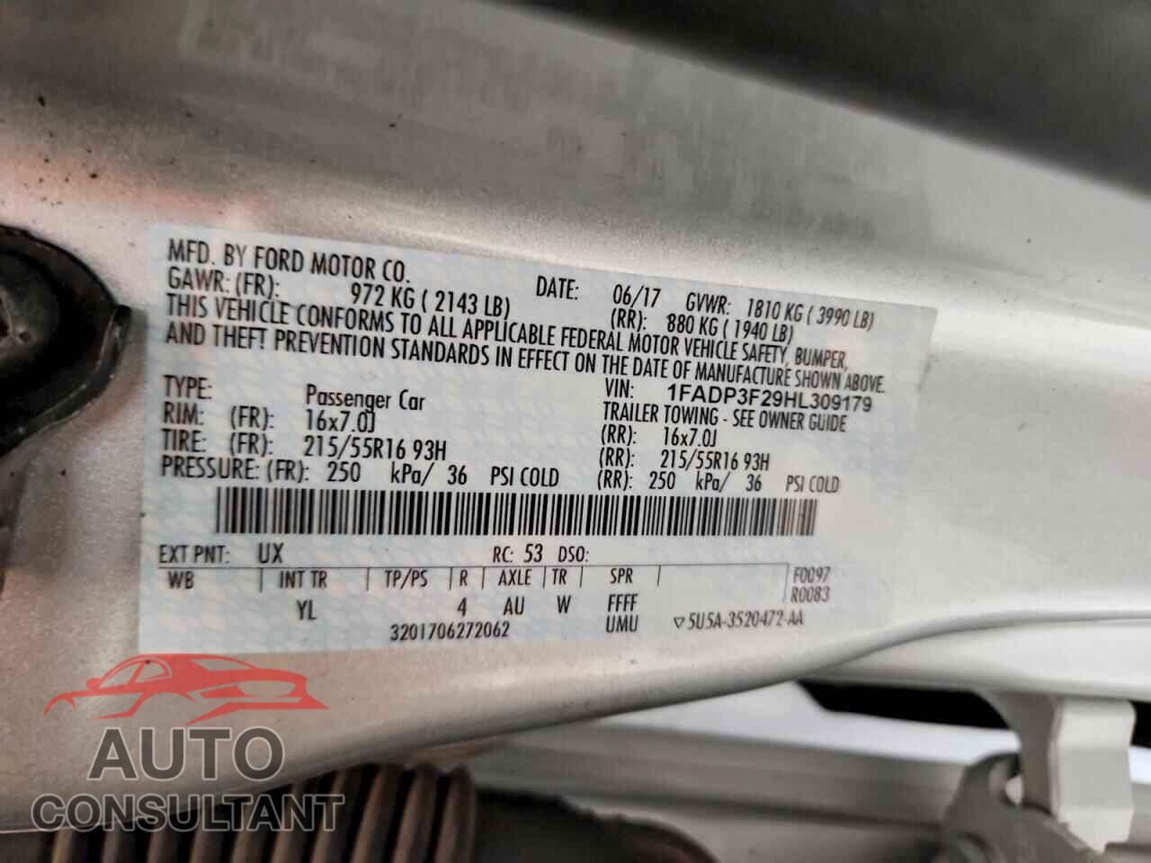 FORD FOCUS 2017 - 1FADP3F29HL309179