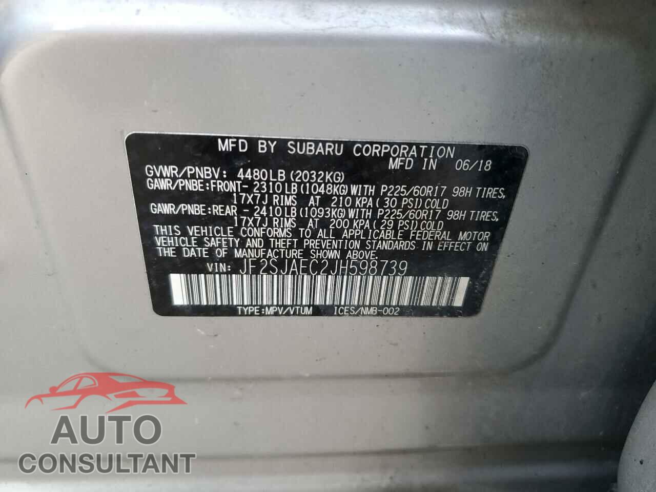 SUBARU FORESTER 2018 - JF2SJAEC2JH598739