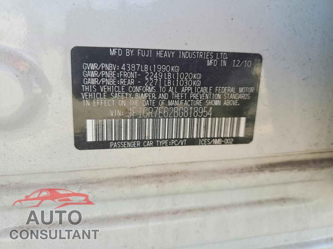 SUBARU WRX 2011 - JF1GR7E62BG818954