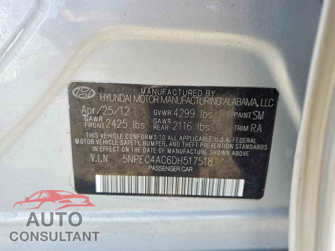 HYUNDAI SONATA 2013 - 5NPEC4AC6DH517518