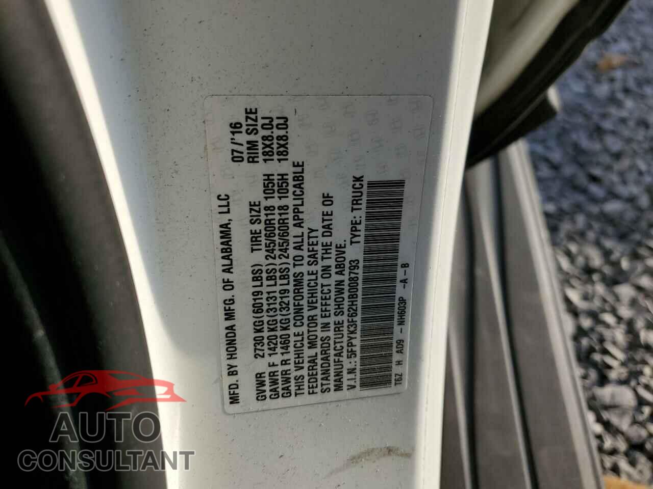 HONDA RIDGELINE 2017 - 5FPYK3F62HB008793