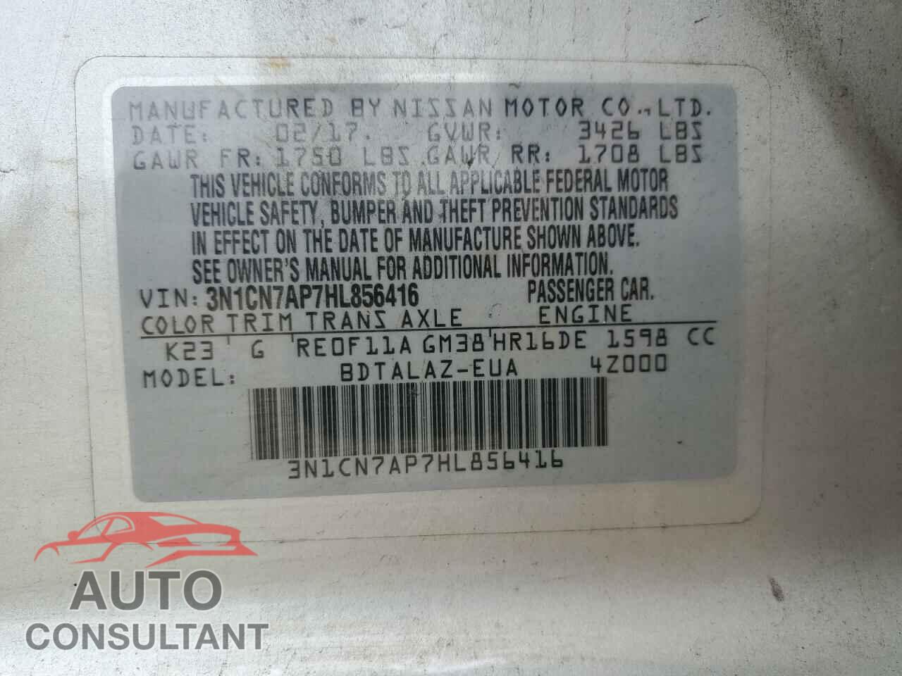 NISSAN VERSA 2017 - 3N1CN7AP7HL856416