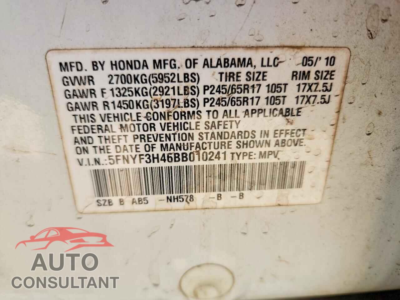 HONDA PILOT 2011 - 5FNYF3H46BB010241
