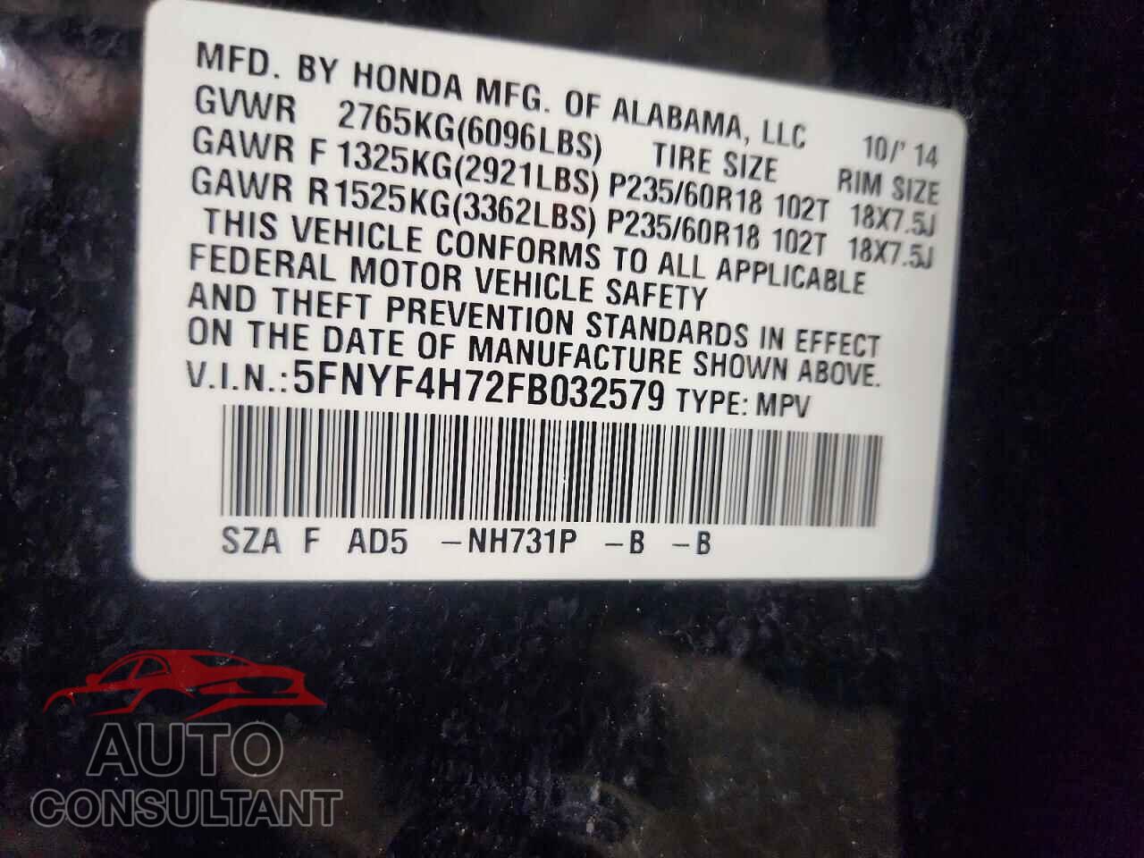 HONDA PILOT 2015 - 5FNYF4H72FB032579