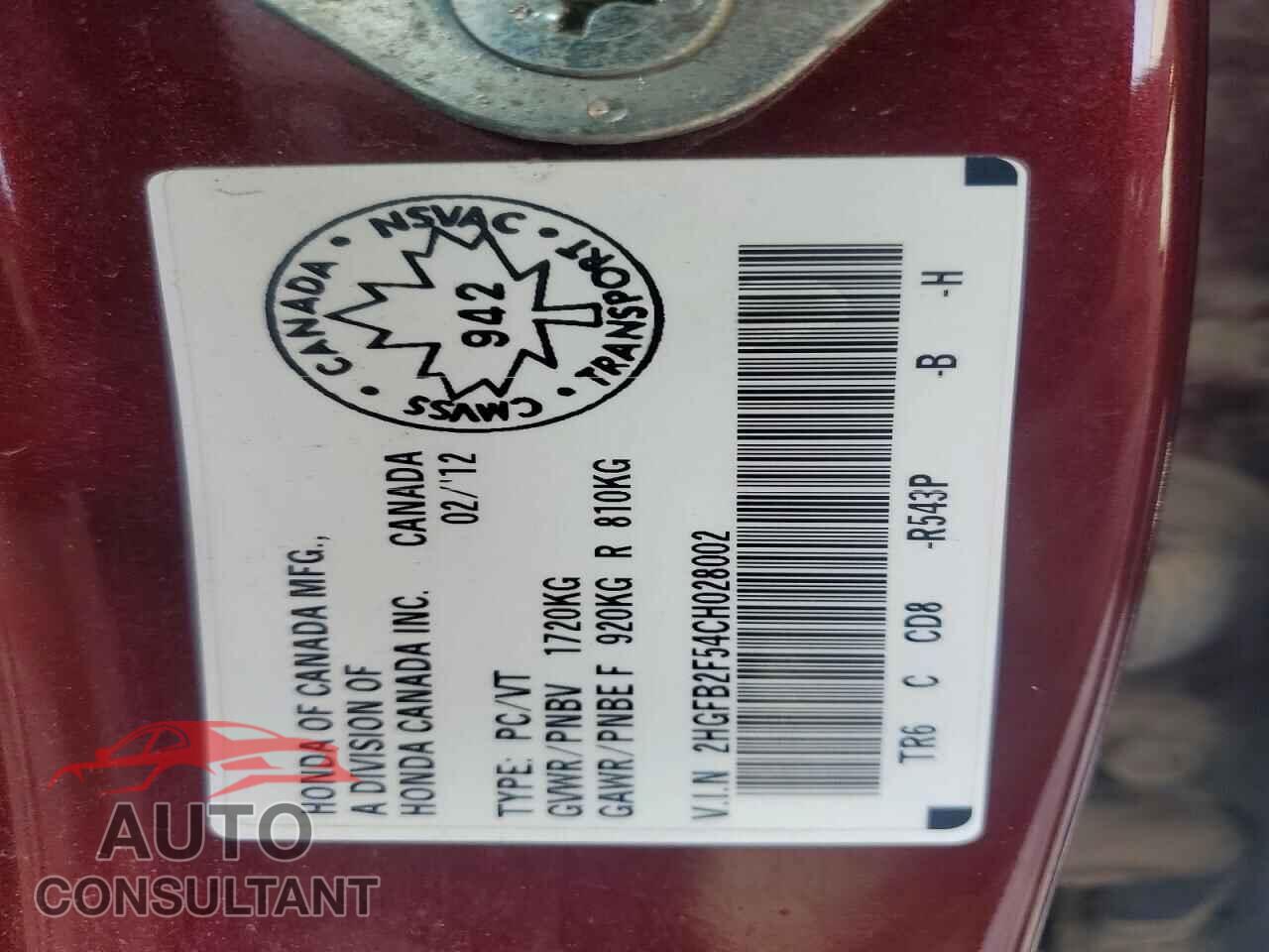 HONDA CIVIC 2012 - 2HGFB2F54CH028002