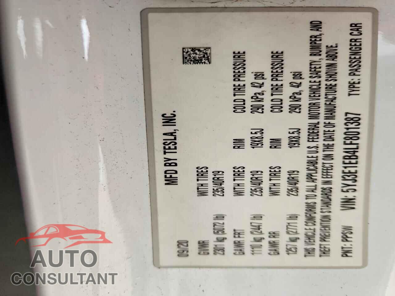 TESLA MODEL 3 2020 - 5YJ3E1EB4LF801387