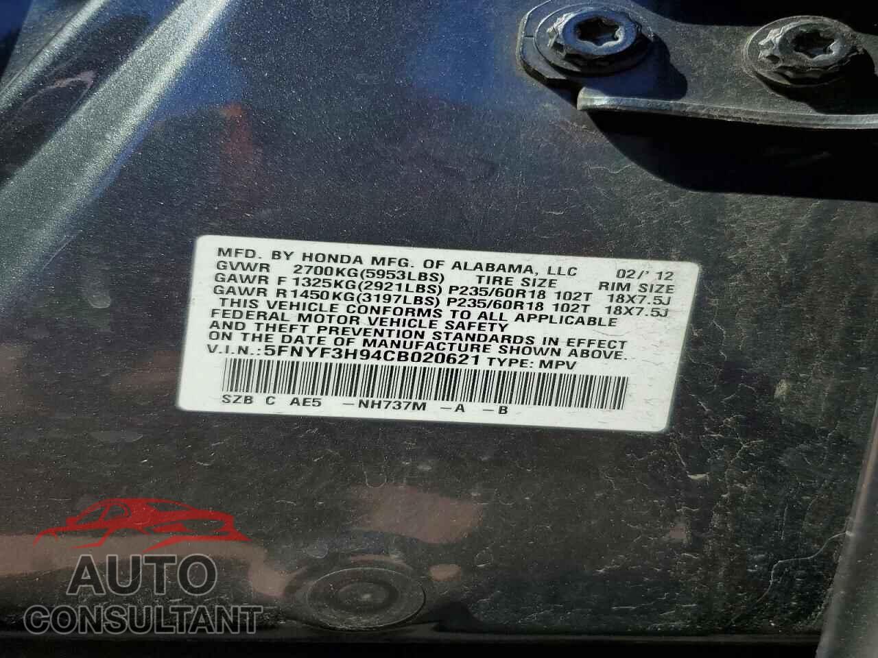 HONDA PILOT 2012 - 5FNYF3H94CB020621