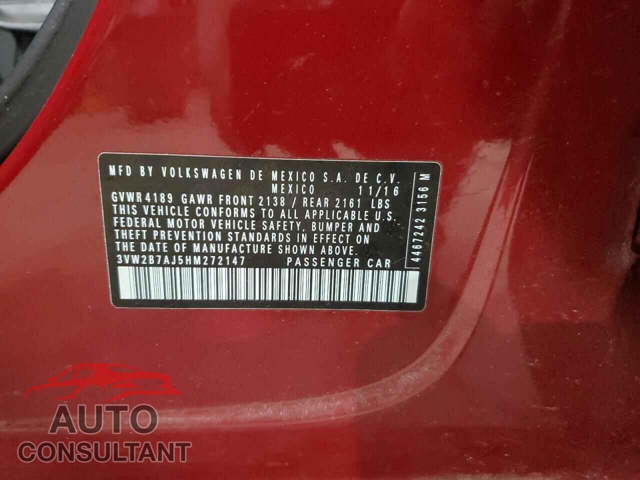 VOLKSWAGEN JETTA 2017 - 3VW2B7AJ5HM272147