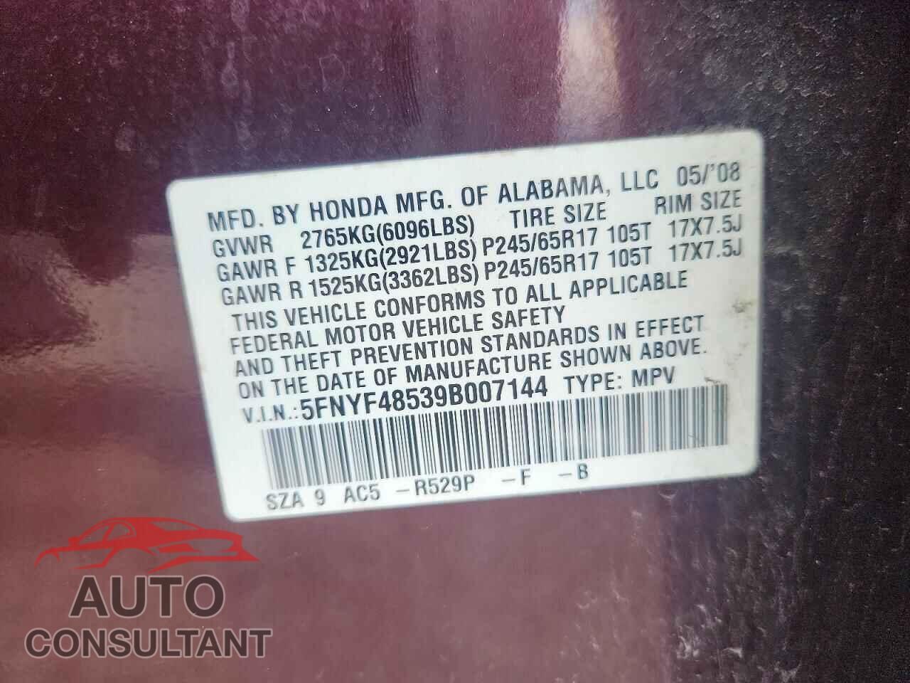 HONDA PILOT 2009 - 5FNYF48539B007144