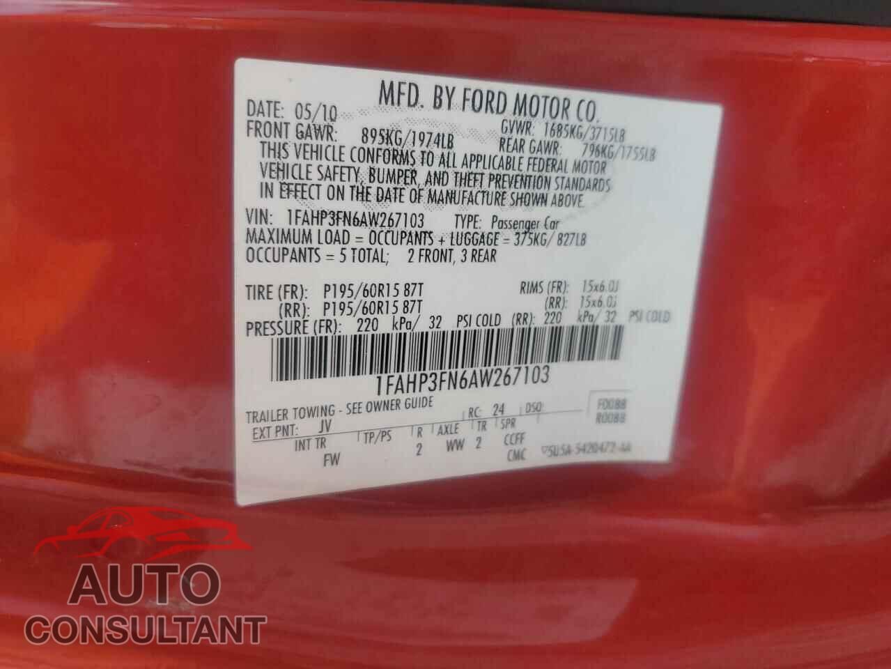 FORD FOCUS 2010 - 1FAHP3FN6AW267103