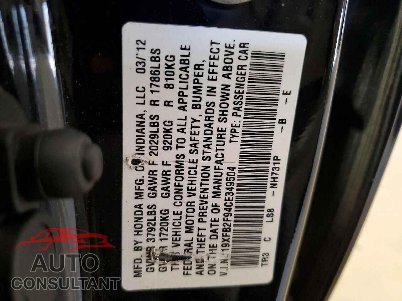 HONDA CIVIC 2012 - 19XFB2F94CE349504