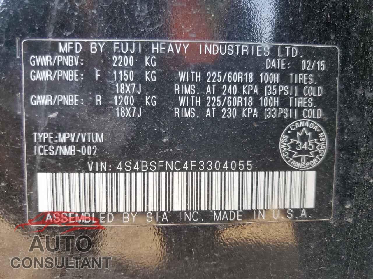 SUBARU OUTBACK 2015 - 4S4BSFNC4F3304055