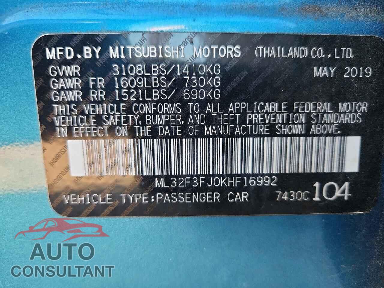 MITSUBISHI MIRAGE 2019 - ML32F3FJ0KHF16992