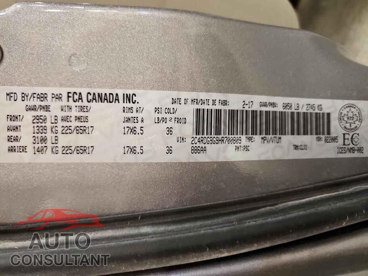 DODGE CARAVAN 2017 - 2C4RDGBG9HR700809