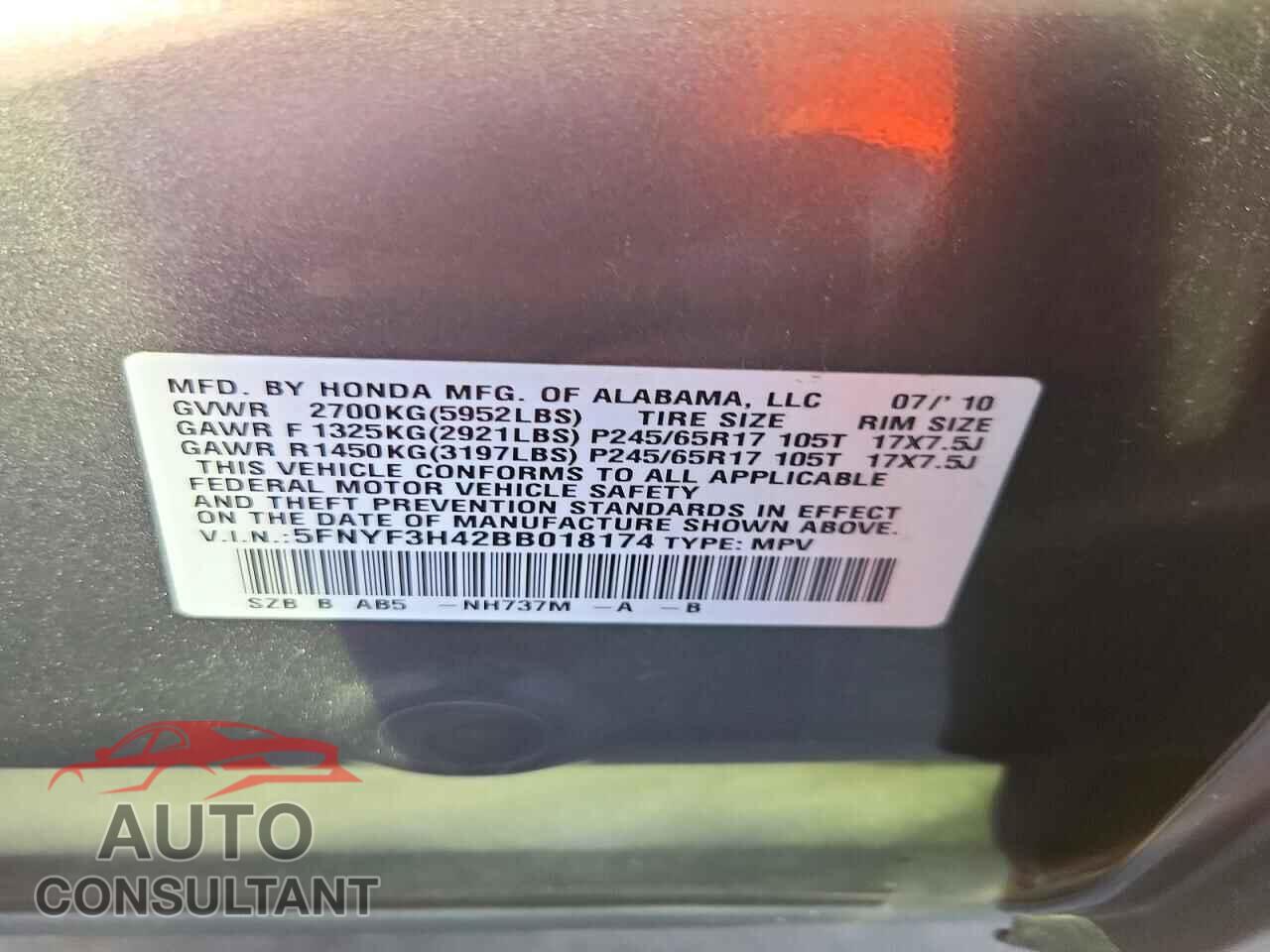 HONDA PILOT 2011 - 5FNYF3H42BB018174