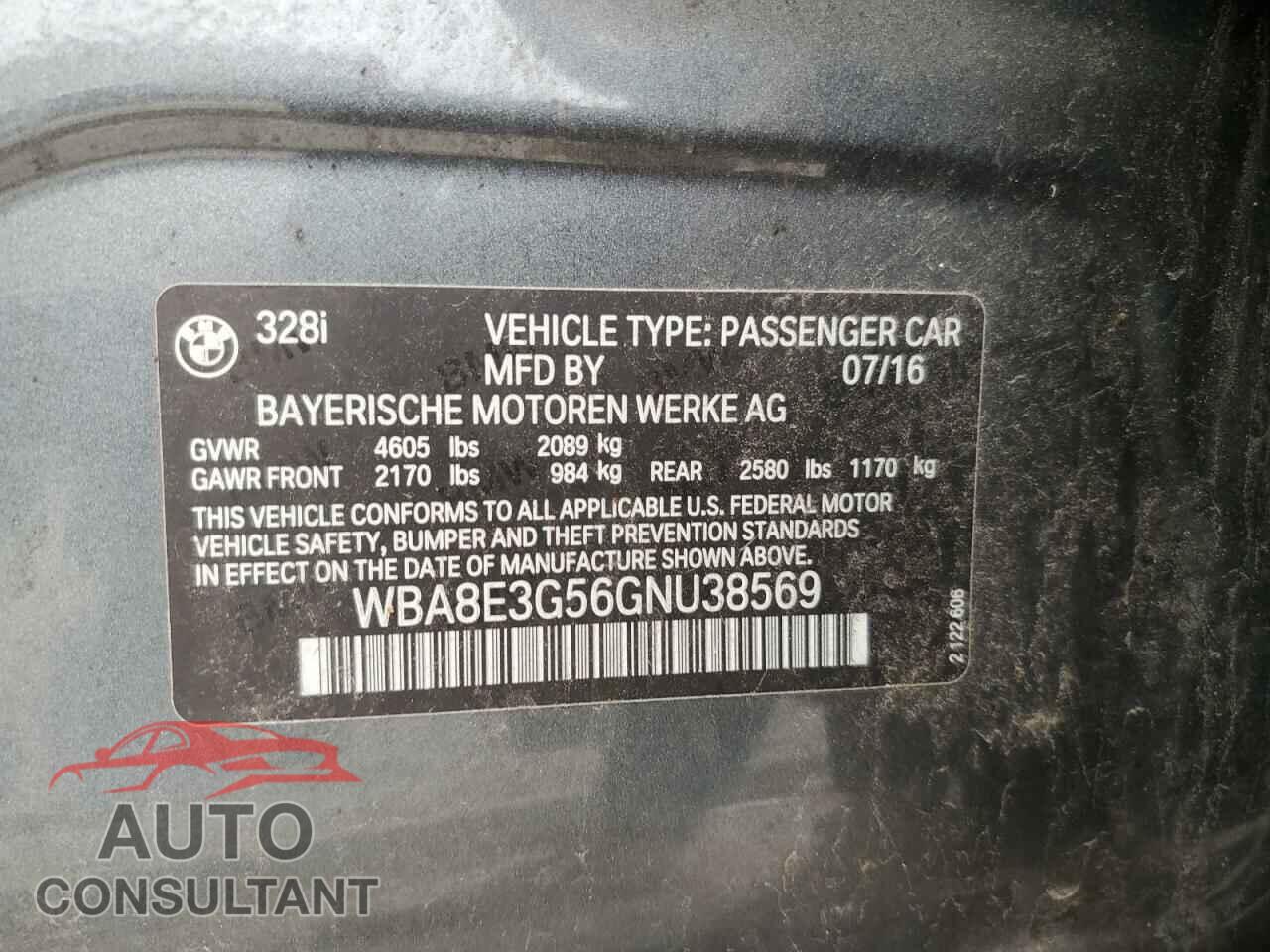 BMW 3 SERIES 2016 - WBA8E3G56GNU38569