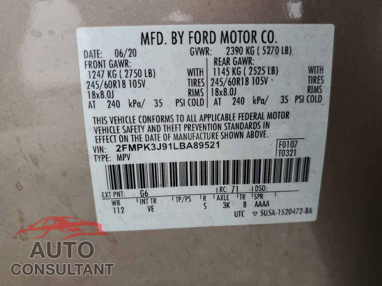 FORD EDGE 2020 - 2FMPK3J91LBA89521