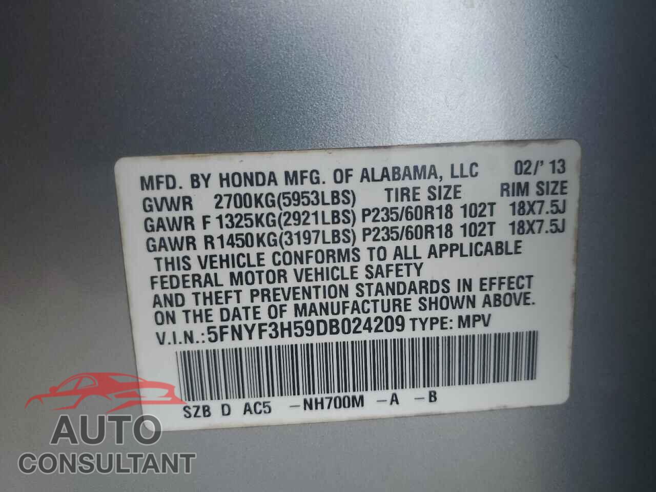 HONDA PILOT 2013 - 5FNYF3H59DB024209