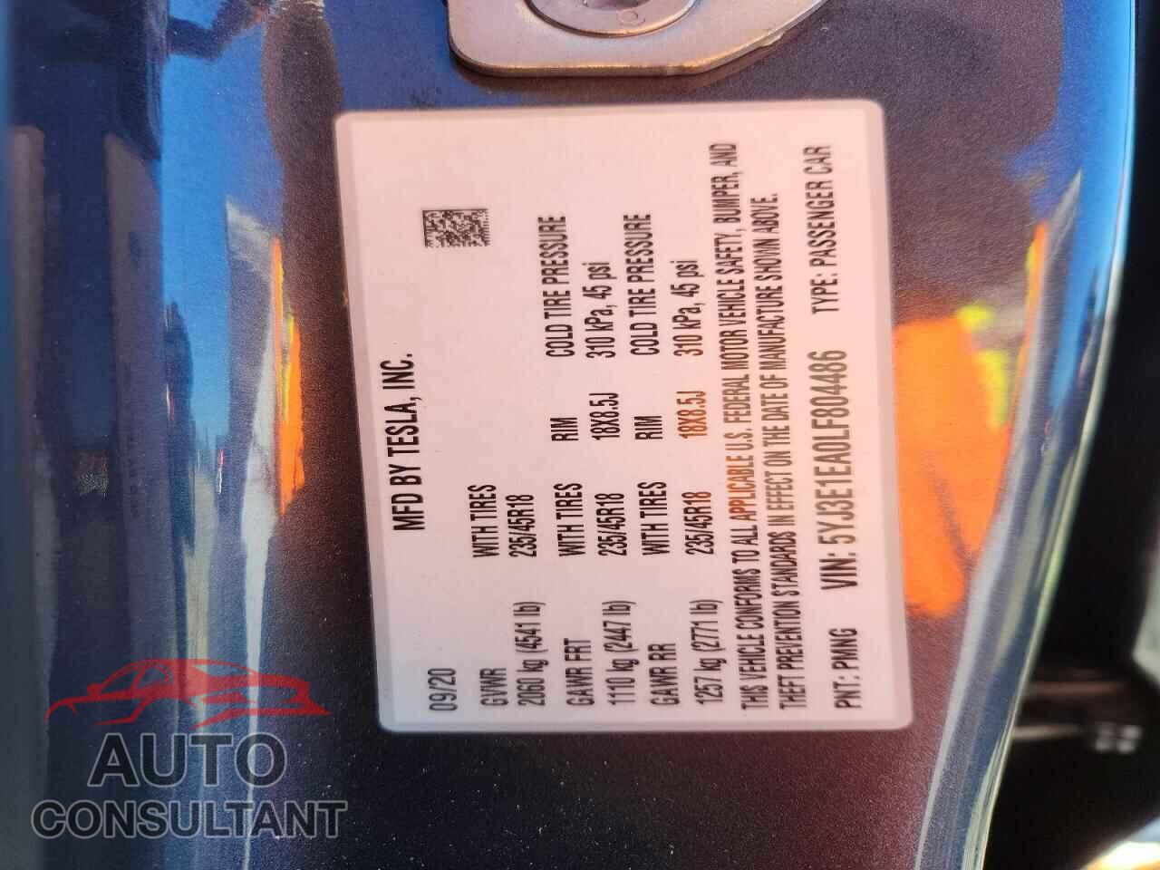 TESLA MODEL 3 2020 - 5YJ3E1EA0LF804486