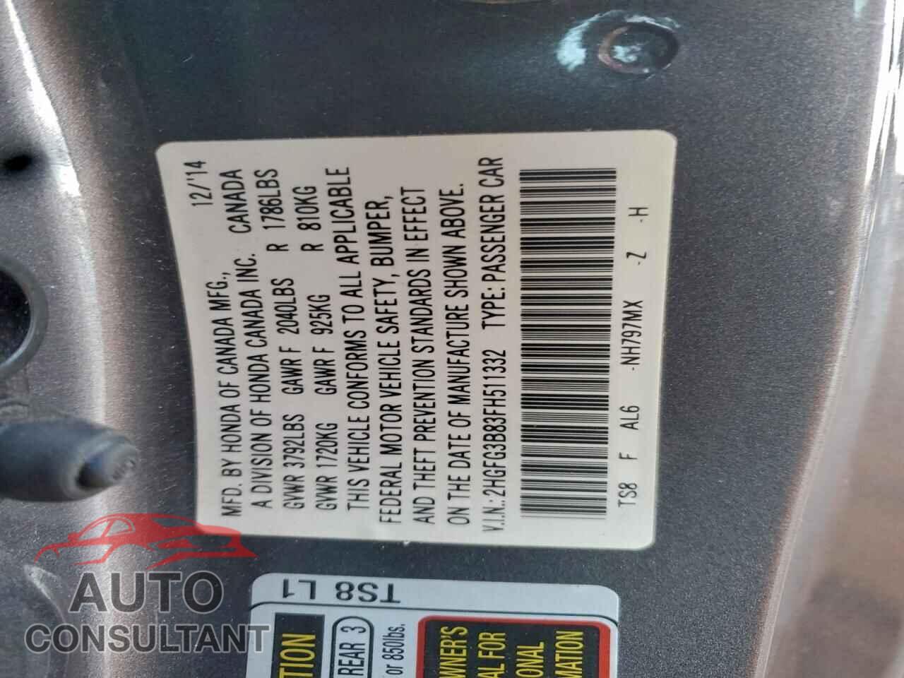 HONDA CIVIC 2015 - 2HGFG3B83FH511332