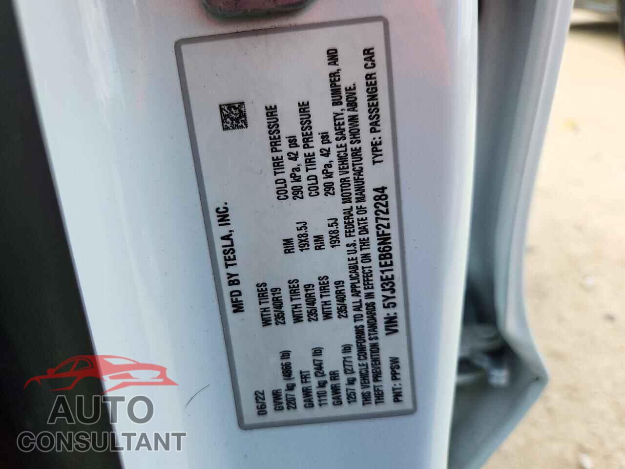 TESLA MODEL 3 2022 - 5YJ3E1EB6NF272284
