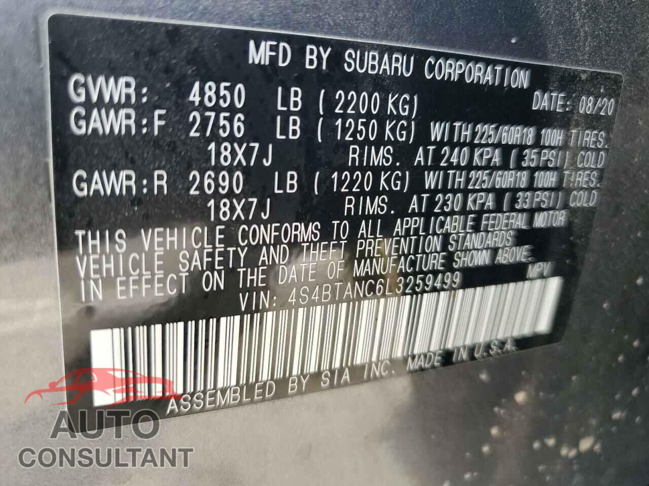 SUBARU OUTBACK 2020 - 4S4BTANC6L3259499