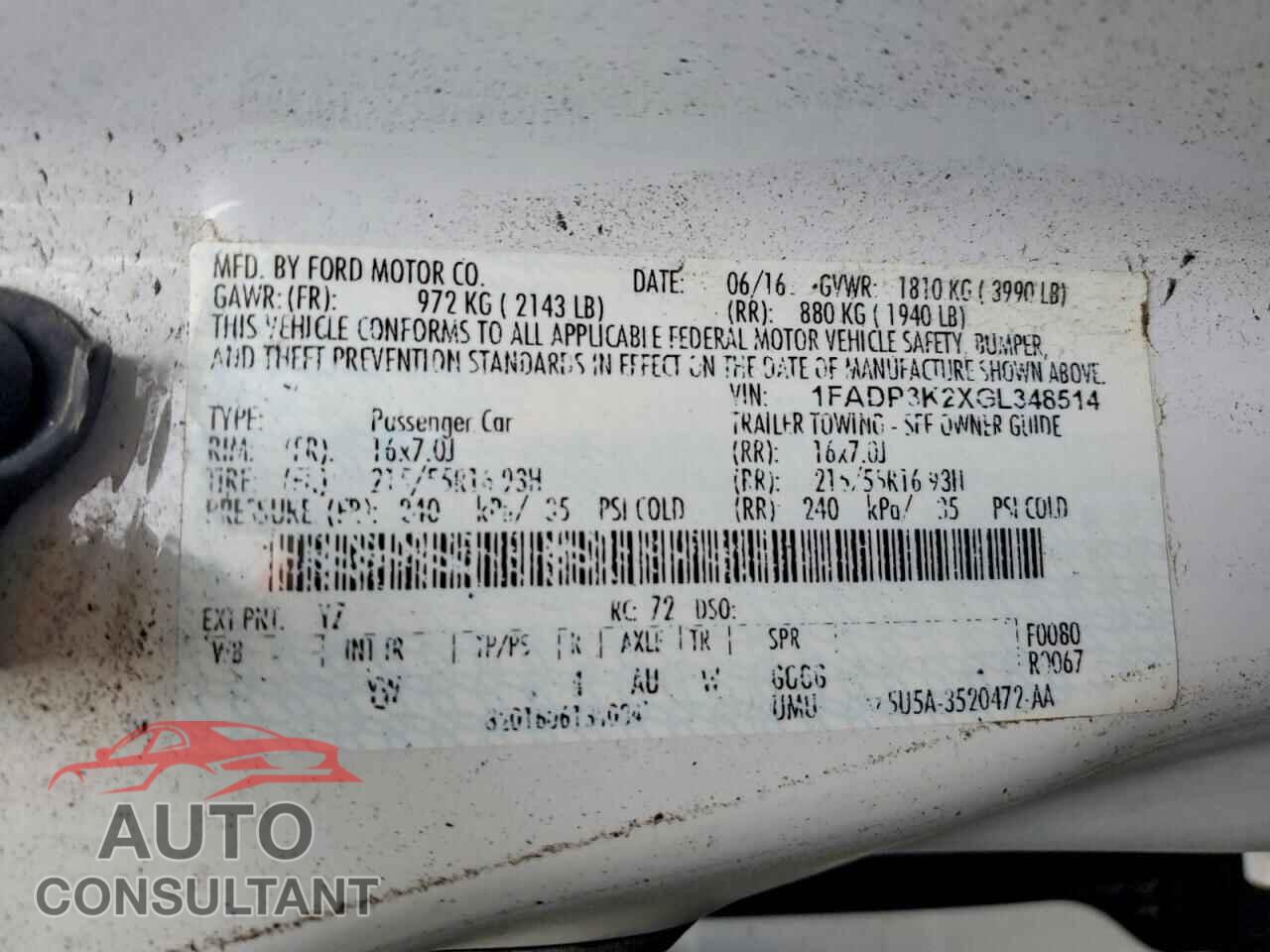 FORD FOCUS 2016 - 1FADP3K2XGL348514