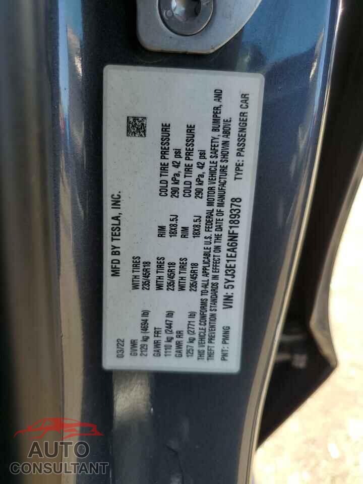 TESLA MODEL 3 2022 - 5YJ3E1EA6NF189378