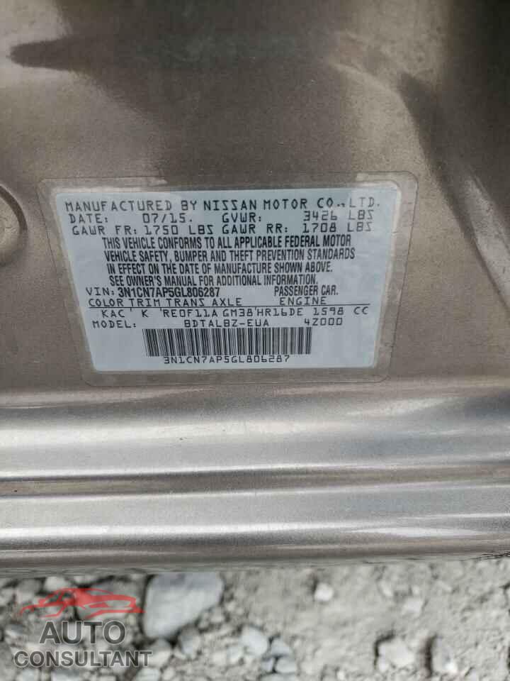 NISSAN VERSA 2016 - 3N1CN7AP5GL806287