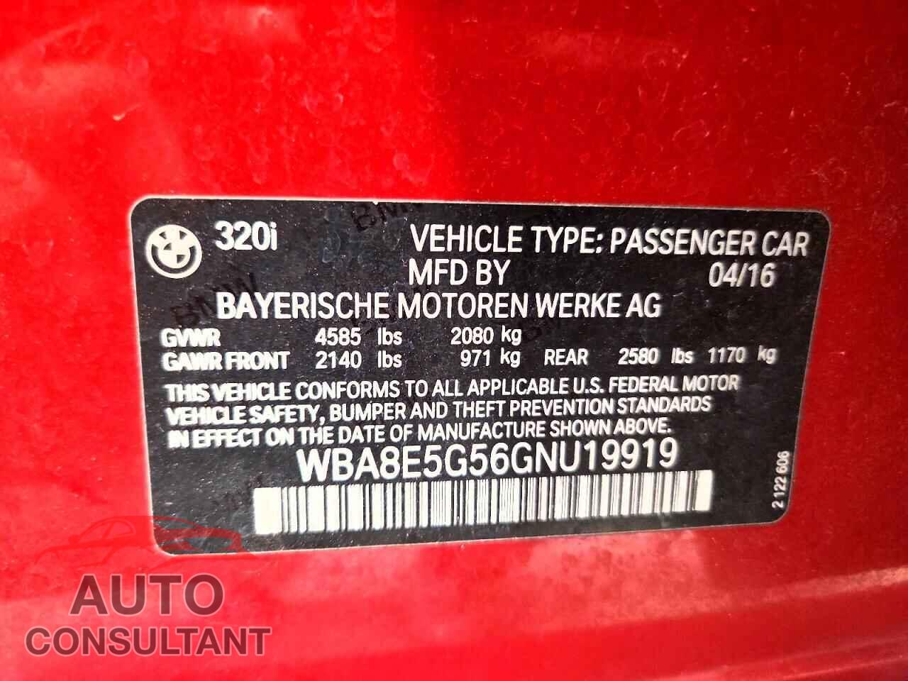BMW 3 SERIES 2016 - WBA8E5G56GNU19919
