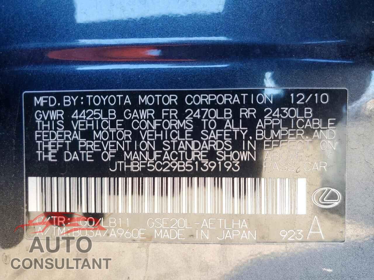 LEXUS IS 2011 - JTHBF5C29B5139193