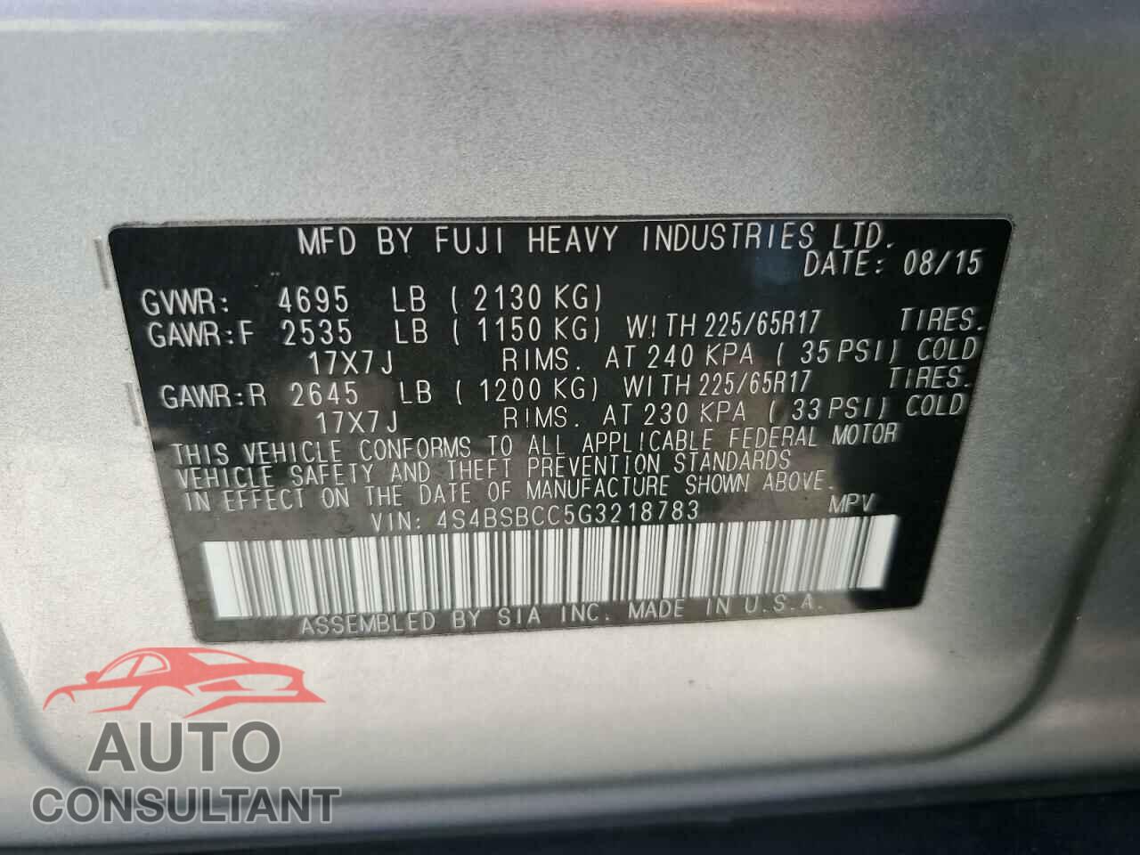 SUBARU OUTBACK 2016 - 4S4BSBCC5G3218783