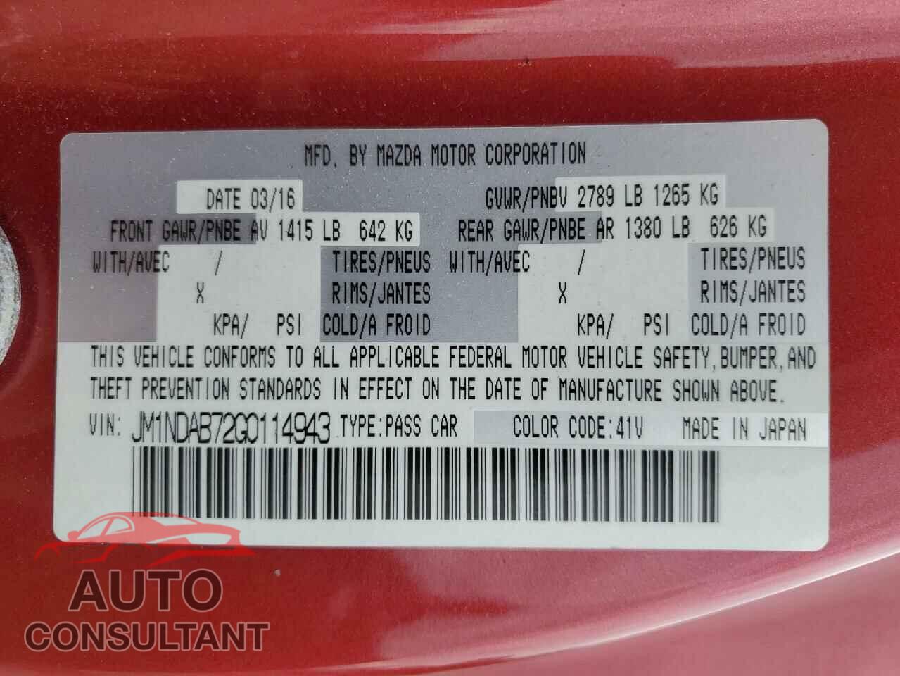MAZDA MX5 2016 - JM1NDAB72G0114943