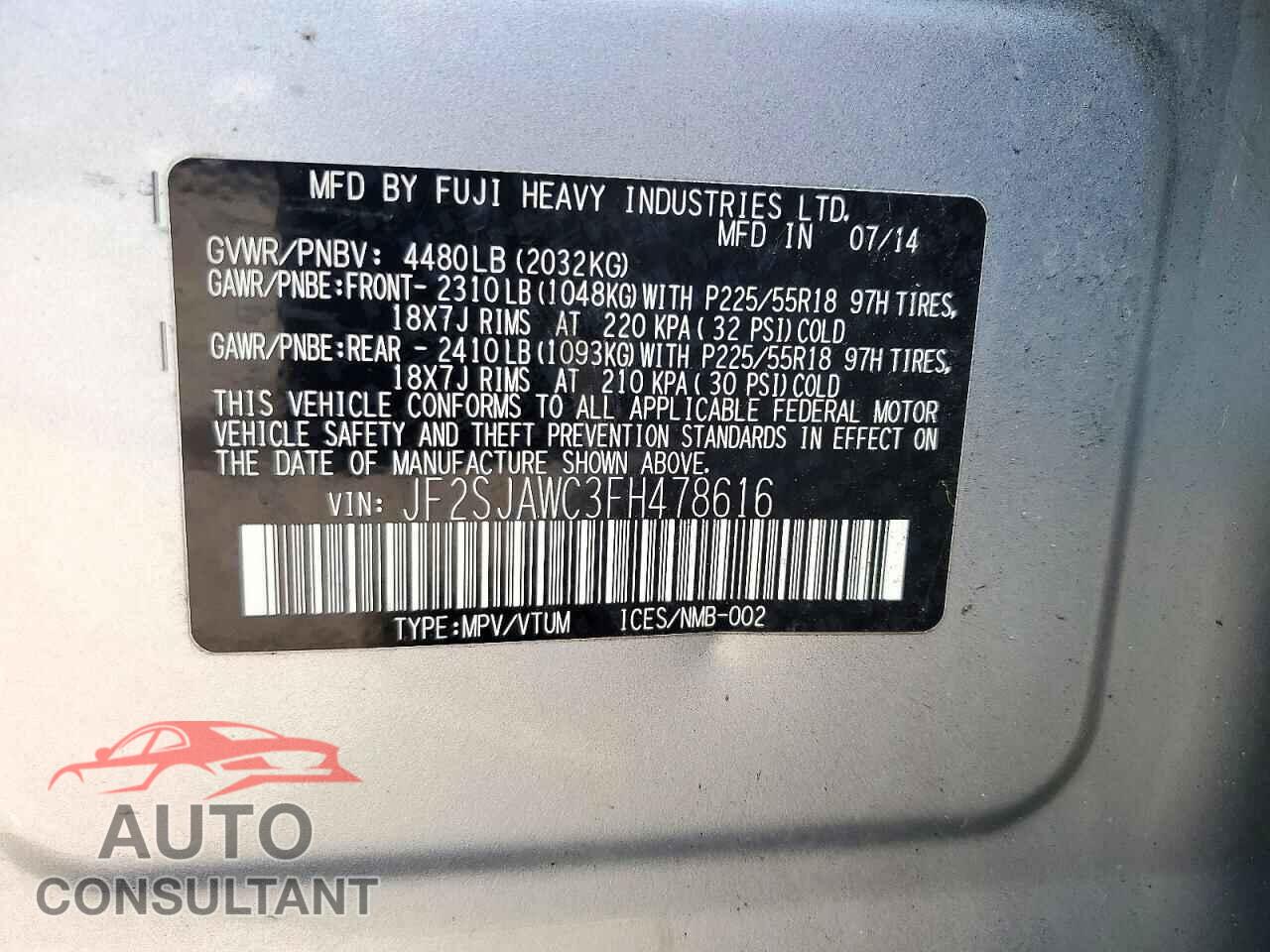 SUBARU FORESTER 2015 - JF2SJAWC3FH478616