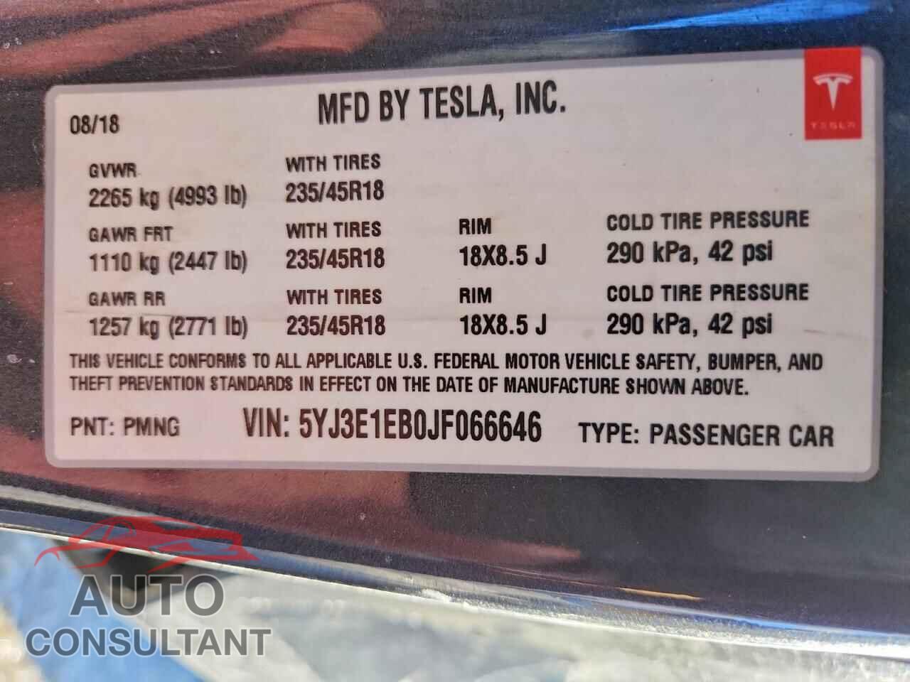 TESLA MODEL 3 2018 - 5YJ3E1EB0JF066646