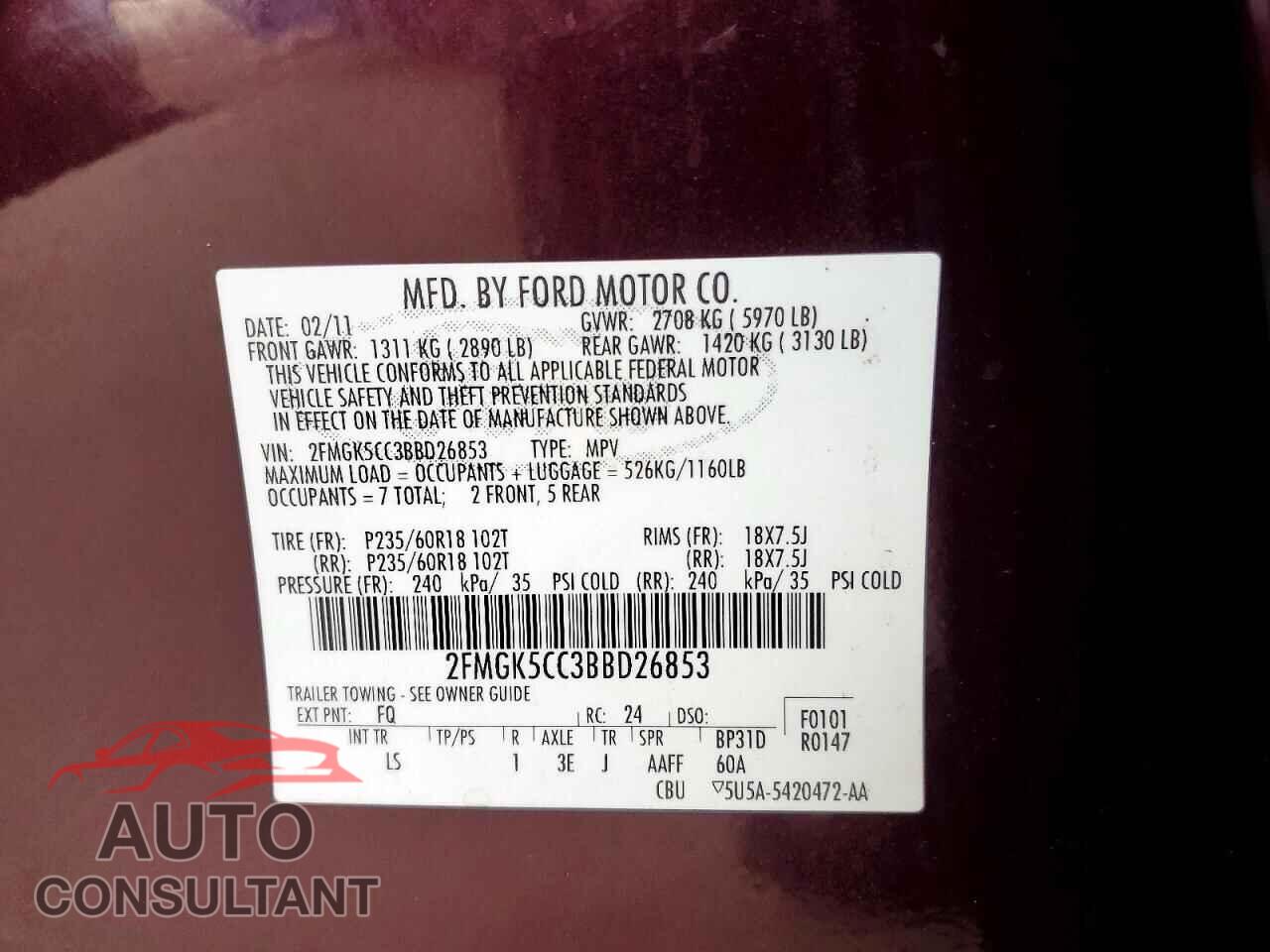 FORD FLEX 2011 - 2FMGK5CC3BBD26853