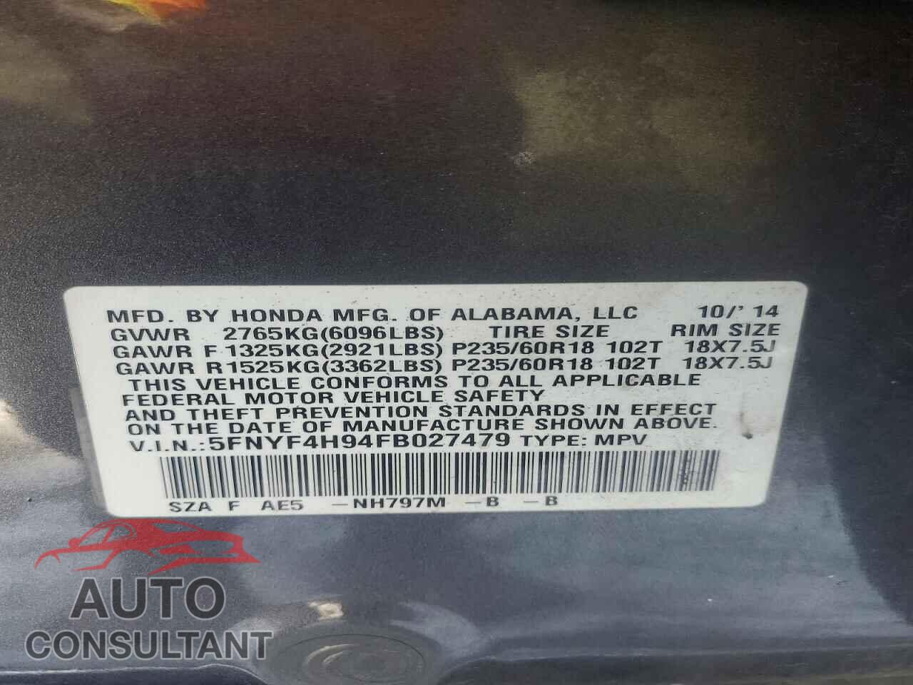 HONDA PILOT 2015 - 5FNYF4H94FB027479