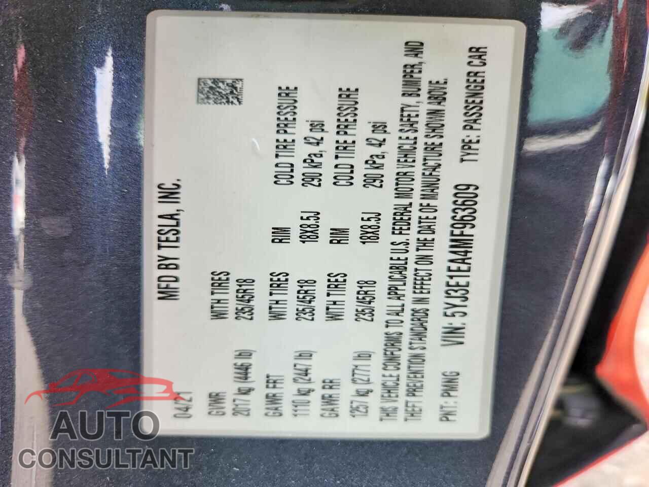 TESLA MODEL 3 2021 - 5YJ3E1EA4MF963609